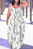 Dark Green Graphics Print Backless Spaghetti Strap Sleeveless Vacation Loose Long Maxi Slip Dresses