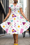 White Blue Graphics Print V Neck Short Sleeve Casual Halloween Flowy Midi Dress