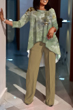 Light Army Green Graphics Print O Neck 3/4 Sleeve Irregular Hem Tops And Pants Formal Office Lady Casual Two Pieces Trouser Sets
