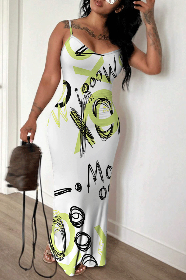 White Graphics Print Backless Sleeveless Spaghetti Strap Floor Length Long Baggy Vacation Maxi Slip Dresses