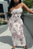 Apricot Graphics Print Sleeveless Backless Spaghetti Strap Casual Bodycon Maxi Slip Dresses