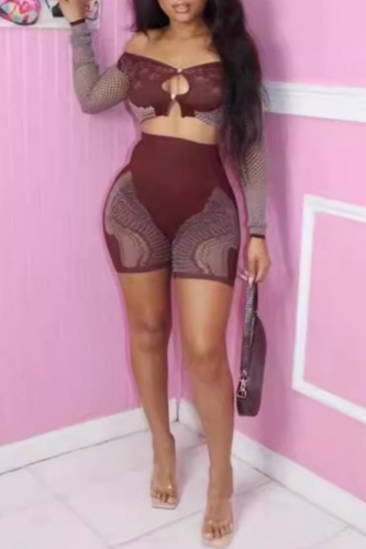 Dark Brown Off Shoulder Long Sleeve Hollow Out See-Through Crop Tops And Shorts Night Club Two Pieces Shorts Sets