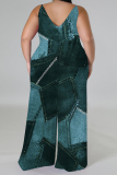 Teal Distressed Faux Denim Print V Neck Sleeveless Vacation Casual Plus Size Wide Leg Cami Jumpsuits