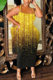 Black Graphics Print Sleeveless Backless Spaghetti Strap Casual Bodycon Shimmer Maxi Slip Dresses