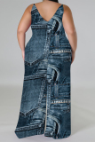 Teal Distressed Faux Denim Print V Neck Sleeveless Vacation Casual Plus Size Wide Leg Cami Jumpsuits
