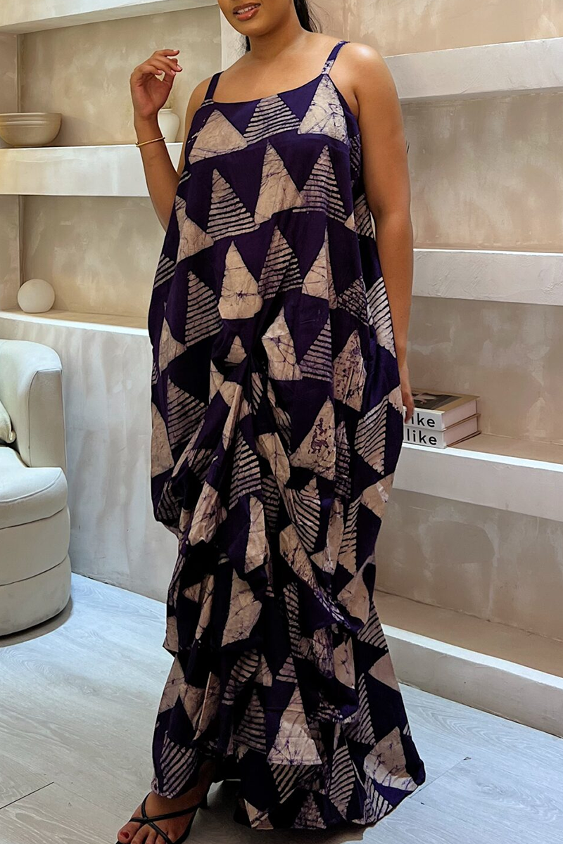 Silk Blend Patchwork Sleeveless Vacation Dress With Asymmetric Ethnic Style Deep Blue Maxi For Women
