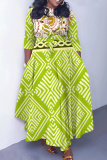 Red Graphcis Print O Neck 3/4 Sleeve Belted Waist Casual Outing Plus Size Straight Loose Maxi Dresses