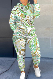 Brown Boho Floral Print Long Sleeve Hooded Sweatshirt And Skinny Pant Casual Sportwear Plus Size Two Piece Jogger Set