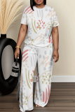 Multicolor Graphics Print Round Neck Short Sleeve T-shirt and Wide Leg Pants Two Pieces Trouser Sets