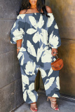 Multicolor Graphcis Print Off Shoulder Long Sleeve Casual Vacation Harem Leg Jumpsuits