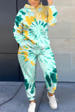 Green Graphics Print Long Sleeve Hooded Sweatshirt And Skinny Pant Casual Sportwear Plus Size Two Piece Jogger Set