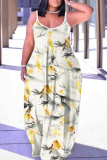 Dark Green Graphics Print Backless Spaghetti Strap Sleeveless Vacation Loose Long Maxi Slip Dresses