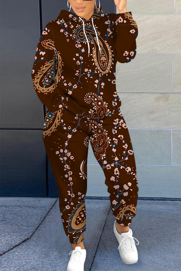 Brown Boho Floral Print Long Sleeve Hooded Sweatshirt And Skinny Pant Casual Sportwear Plus Size Two Piece Jogger Set