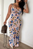 White Graphics Print Backless Sleeveless Spaghetti Strap Floor Length Long Baggy Vacation Maxi Slip Dresses