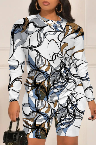 White Graphics Print O Neck Long Sleeve Tops And Shorts Casual Two Pieces Shorts Sets