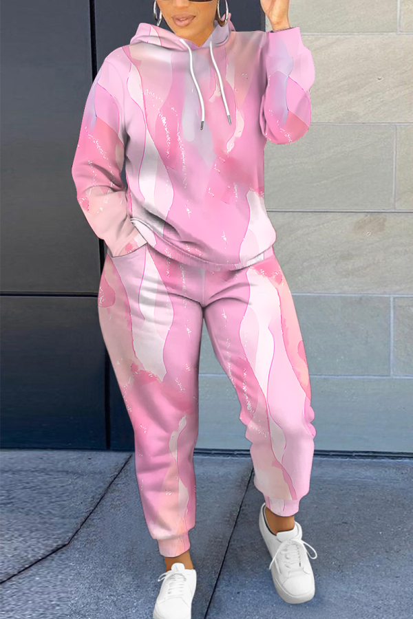 Pink Graphics Print Long Sleeve Hooded Sweatshirt And Skinny Pant Casual Sportwear Plus Size Two Piece Jogger Set