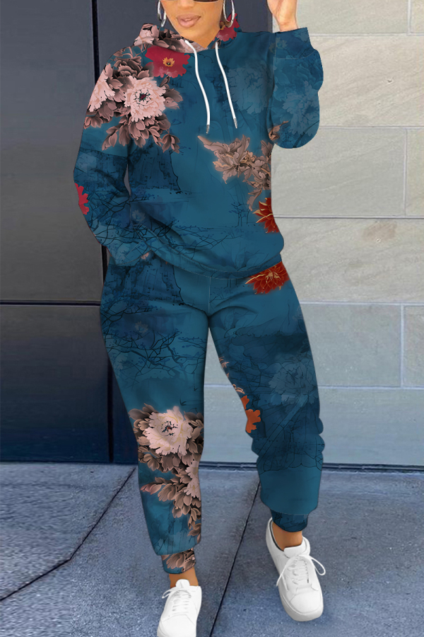 Lake Blue Graphics Print Long Sleeve Hooded Sweatshirt And Skinny Pant Casual Sportwear Plus Size Two Piece Jogger Set