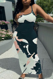 Apricot Graphics Print Sleeveless Backless Spaghetti Strap Casual Bodycon Maxi Slip Dresses