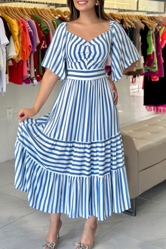 Sky Blue Striped Print V Neck Flare Sleeve Ruffle Hem Vacation Casual Maxi Dresses