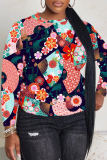 Red Floral Print O Neck Long Sleeve Fall Winter Casual Sweatshirt Tops