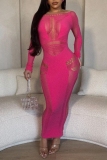 Black See-Through O Neck Long Sleeve Hollow Out Night Club Bodycon Maxi Dresses