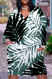 Dark Brown Graphics Print V Neck Long Sleeve Ankle Length Casual Outings Plus Size Straight Loose Pocket Tunic Maxi Dress