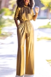 Gold Half A Turtleneck Half Sleeve Formal Evening Party Prom Wide Leg Jumpsuits