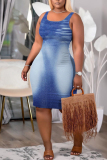 Lake Blue Faux Denim Print Sleeveless U Neck Casual Outing Plus Size Bodycon Midi Vest Dresses