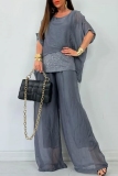 Grey Sequins O Neck Half Sleeve Chiffon Blouse And Wide Leg Pants Vacation Casual Two Pieces Trouser Sets