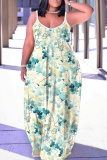 Dark Green Graphics Print Backless Spaghetti Strap Sleeveless Vacation Loose Long Maxi Slip Dresses