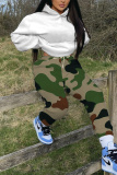 Grey Camouflage Print Hooded Long Sleeve Sweatshirt And Sweatpants Fall Winter Sportwear Two Pieces Sweatsuits Sets