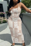 Apricot Graphics Print Sleeveless Backless Spaghetti Strap Casual Bodycon Maxi Slip Dresses