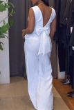 White Bow Decor V Neck Backless Sleeveless Vest And Wide Leg Pants Formal Office Lady Two Pieces Trouser Sets