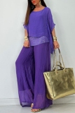 Grey Sequins O Neck Half Sleeve Chiffon Blouse And Wide Leg Pants Vacation Casual Two Pieces Trouser Sets