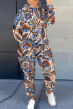 Brown Boho Floral Print Long Sleeve Hooded Sweatshirt And Skinny Pant Casual Sportwear Plus Size Two Piece Jogger Set