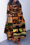Red Graphcis Print O Neck 3/4 Sleeve Belted Waist Casual Outing Plus Size Straight Loose Maxi Dresses
