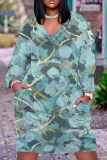 Dark Brown Graphics Print V Neck Long Sleeve Ankle Length Casual Outings Plus Size Straight Loose Pocket Tunic Maxi Dress