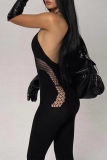 Black Sleeveless Backless Hollow Out Sportwear Yoga Skinny Halter Jumpsuits