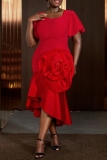Red 3D Flowers Decor Square Neck Puff Sleeve Fishtail Hem Formal Evening Party Prom Wedding Guest Maxi Dresses