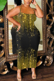 Black Graphics Print Sleeveless Backless Spaghetti Strap Casual Bodycon Shimmer Maxi Slip Dresses