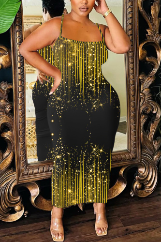 Black Graphics Print Sleeveless Backless Spaghetti Strap Casual Bodycon Shimmer Maxi Slip Dresses