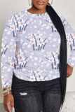 Blue Floral Print O Neck Long Sleeve Fall Winter Casual Sweatshirt Tops
