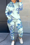 Lake Blue Graphics Print Long Sleeve Hooded Sweatshirt And Skinny Pant Casual Sportwear Plus Size Two Piece Jogger Set