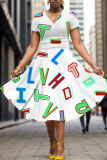 White Blue Graphics Print V Neck Short Sleeve Casual Halloween Flowy Midi Dress