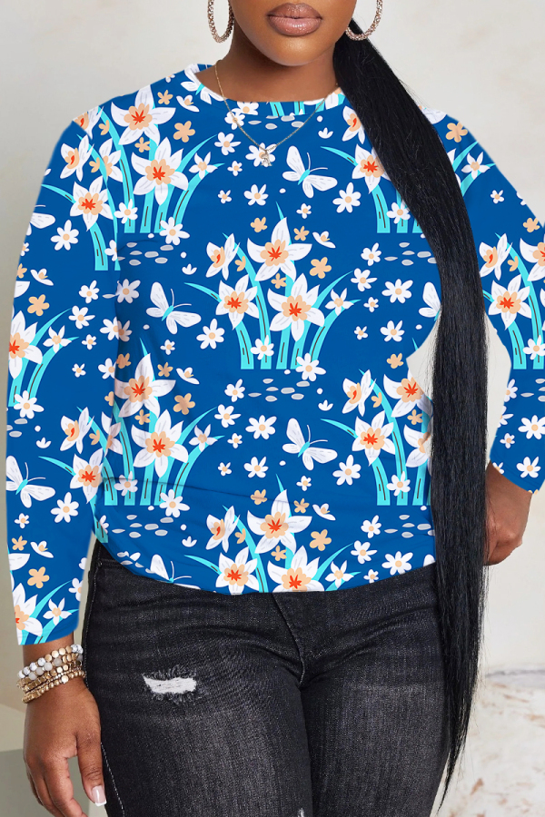 Blue Floral Print O Neck Long Sleeve Fall Winter Casual Sweatshirt Tops