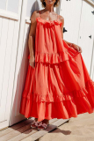 White U Neck Sleeveless Flounce Ruffle Trim Vacation Maxi Slip Dresses