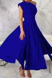 Green Sleeveless Oblique Collar Side Slit Casual Formal Office Lady Pleated Maxi Dresses