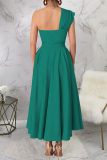 Green Sleeveless Oblique Collar Side Slit Casual Formal Office Lady Pleated Maxi Dresses