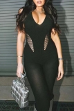 Black Sleeveless Backless Hollow Out Sportwear Yoga Skinny Halter Jumpsuits