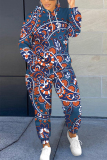Brown Boho Floral Print Long Sleeve Hooded Sweatshirt And Skinny Pant Casual Sportwear Plus Size Two Piece Jogger Set